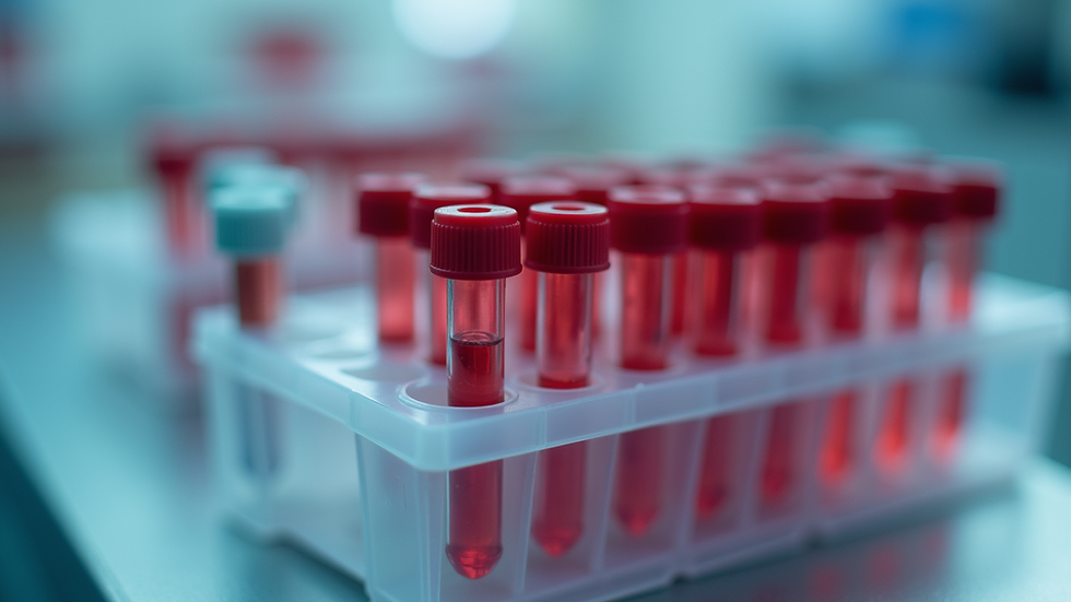 Close-up view of blood test tubes arranged in a lab tray