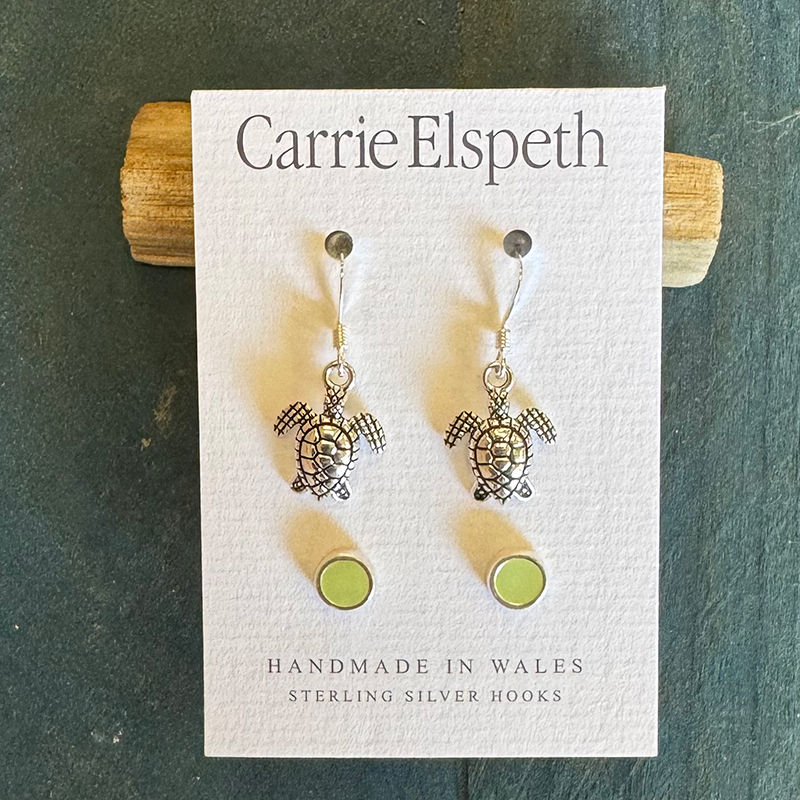 Turtle charm earrings with lime enamel studs