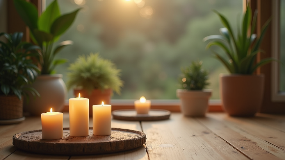 Close-up view of a serene meditation space with candles and plants