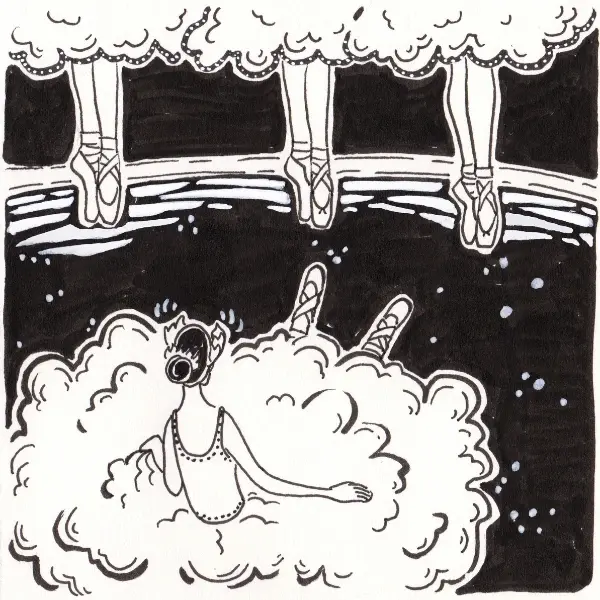 Black-and-white illustration of a ballerina in a cloud of smoke, with pointe-shoed feet hanging above. Cover art for "Pas de Deux" by Jamie Cattanach, a short story appearing in Wallstrait, A Journal of Hard-to-Define Prose