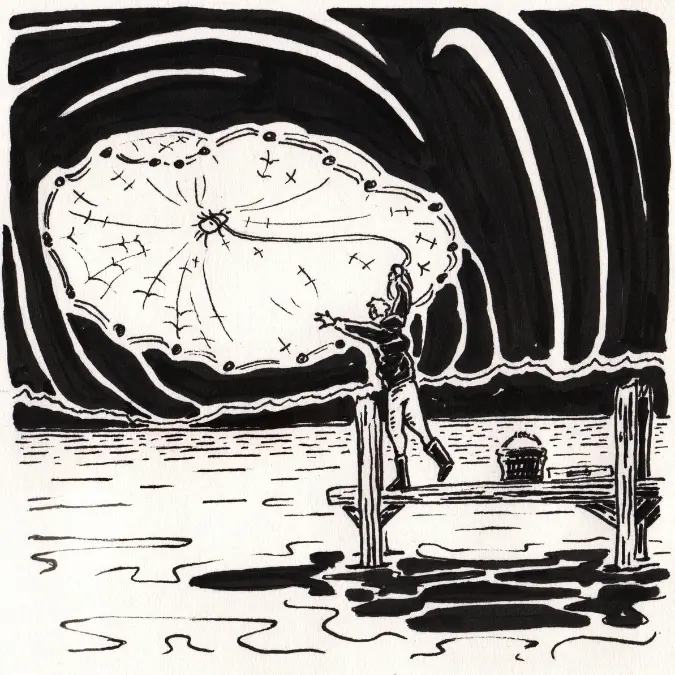 Person on a dock throws a net against a swirling night sky, casting reflections on water. Dramatic black and white scene.