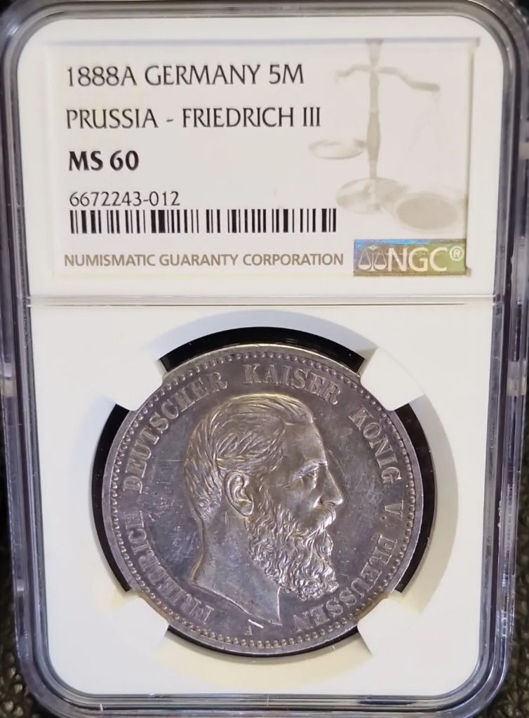 Thumbnail: 1888 Germany Prussia Friedrich III 5 Marks 1888A NGC MS60 Certified