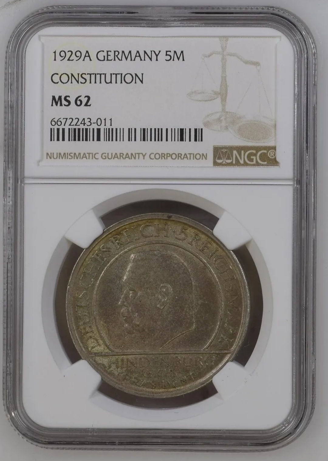 1929A GERMANY 5M CONSTITUTION NGC MS 62 5 MARK NGC GRADED CHOICE UNC