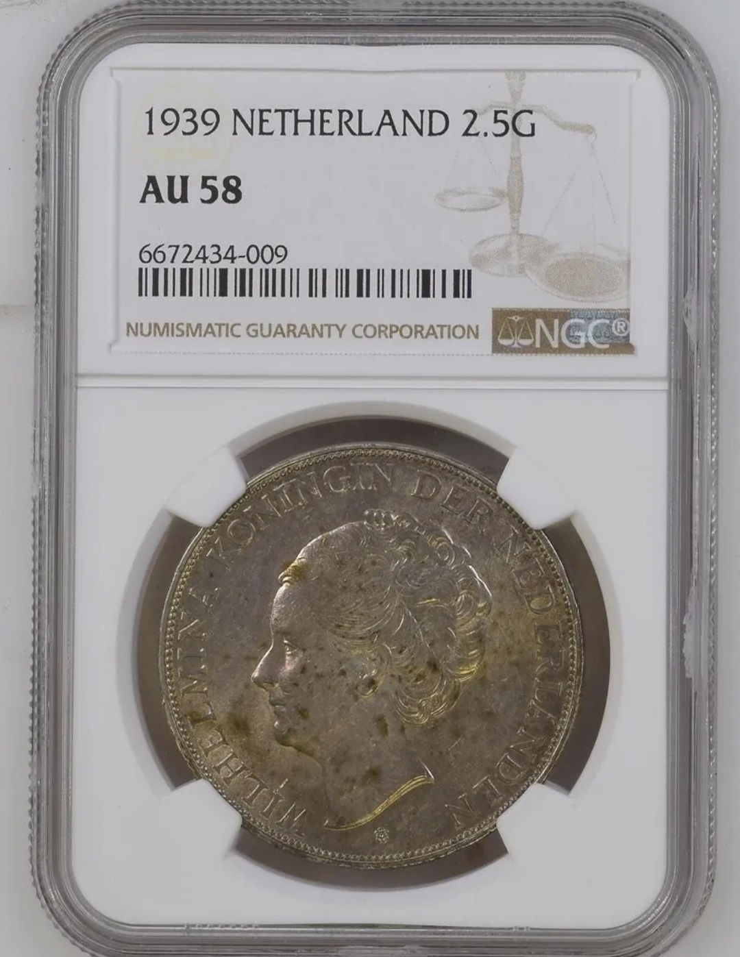 1939 2 1/2 Gulden Netherlands Silver Coin NGC AU58 CERTIFIED AND GRADED