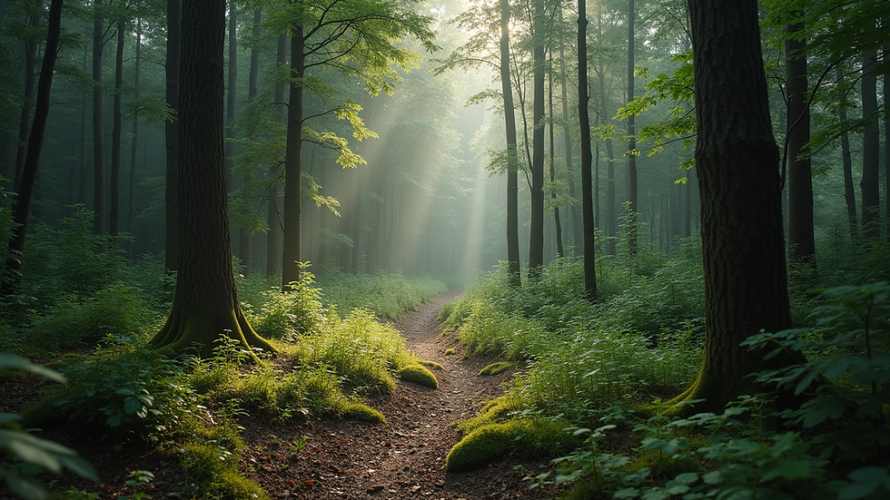 Wide angle view of a serene forest landscape