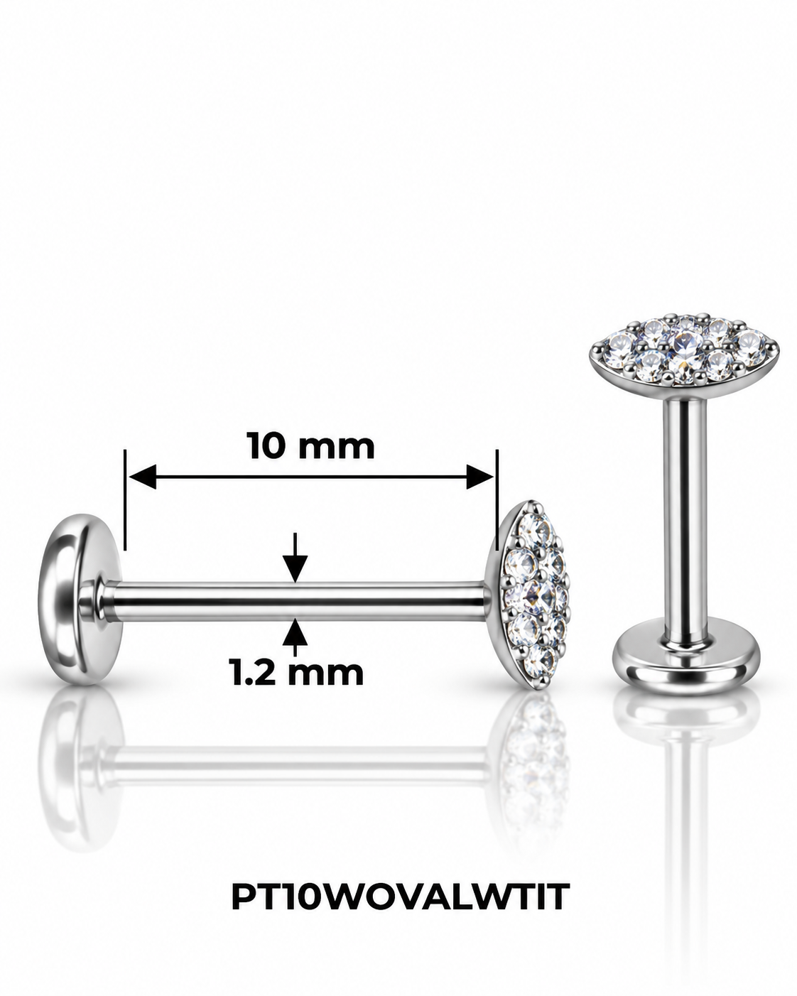 Labret pirsing – sa ovalnim nizom cirkona, srebrni, 10 mm (titanijum)