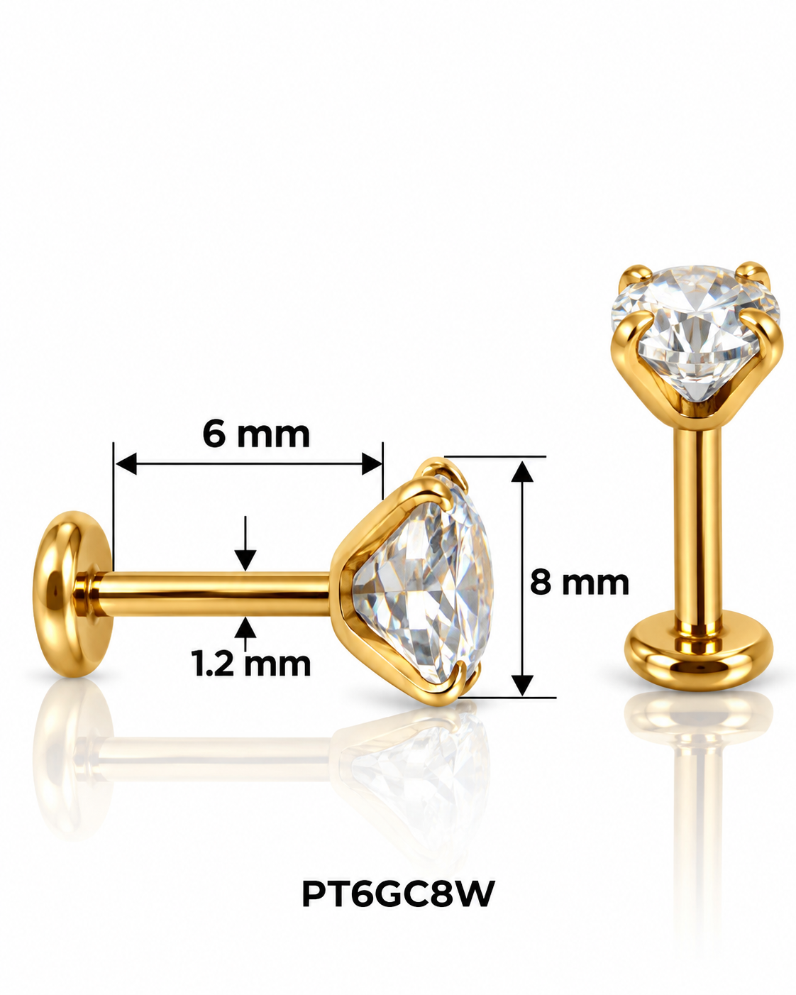 Labret pirsing – sa belim cirkonom u obliku srca, zlatni, 6 mm (hirurški čelik)