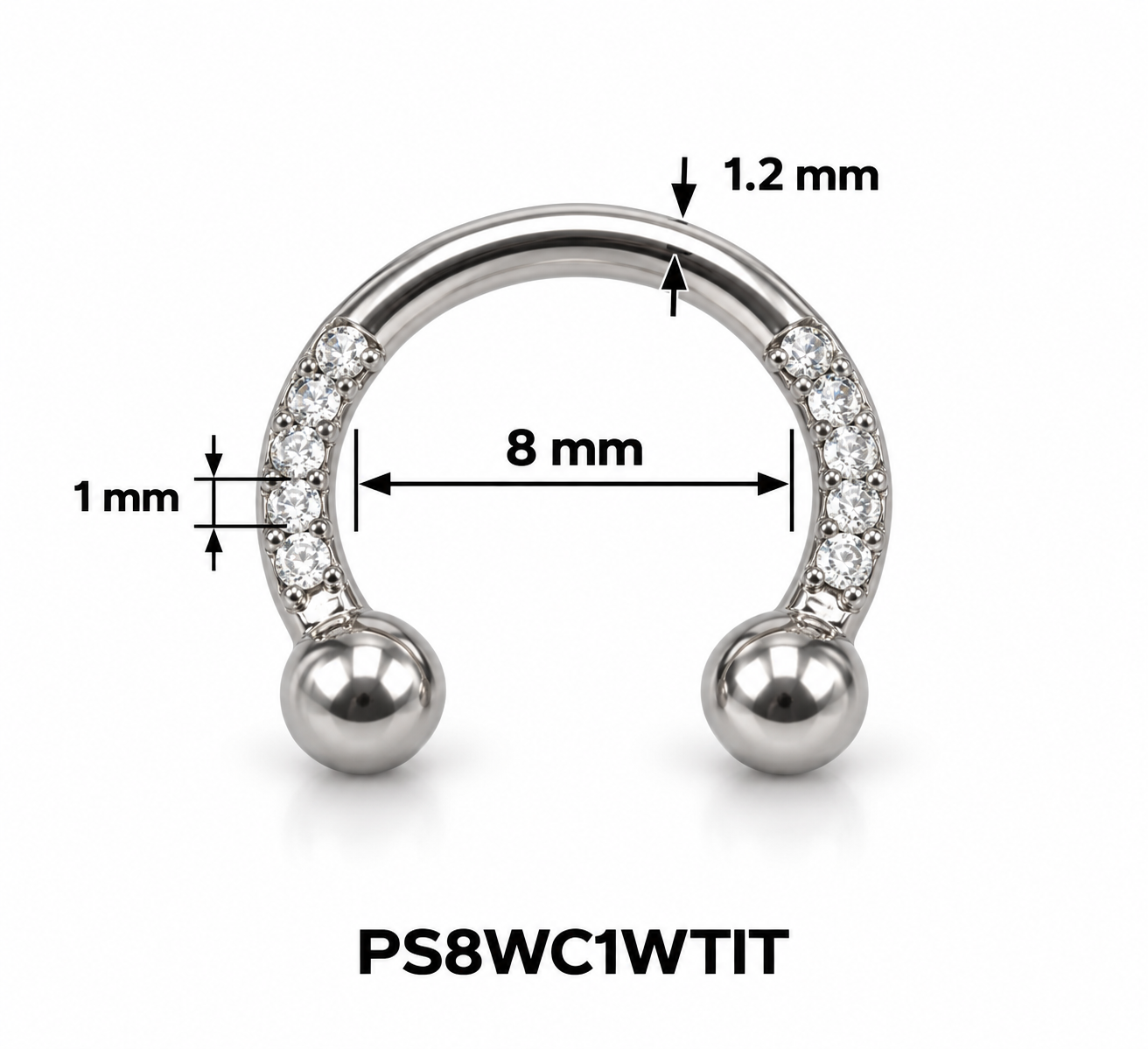 Septum pirsing – potkovica sa cirkonima, srebrna, 8 mm (titanijum)