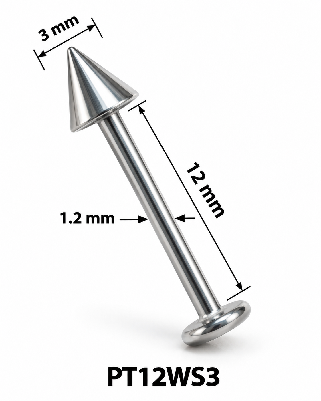 Labret pirsing – sa šiljkom 3 mm, srebrni, 12 mm (hirurški čelik)