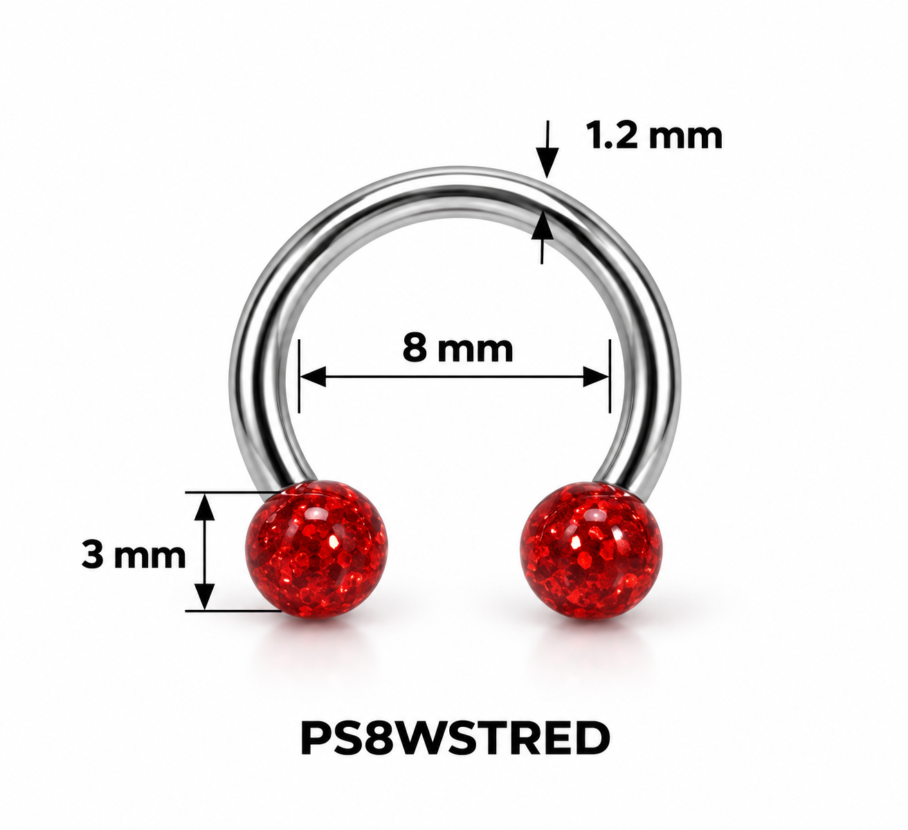 Septum pirsing – potkovica sa crvenim kamenom, srebrna, 8 mm (hirurški čelik)