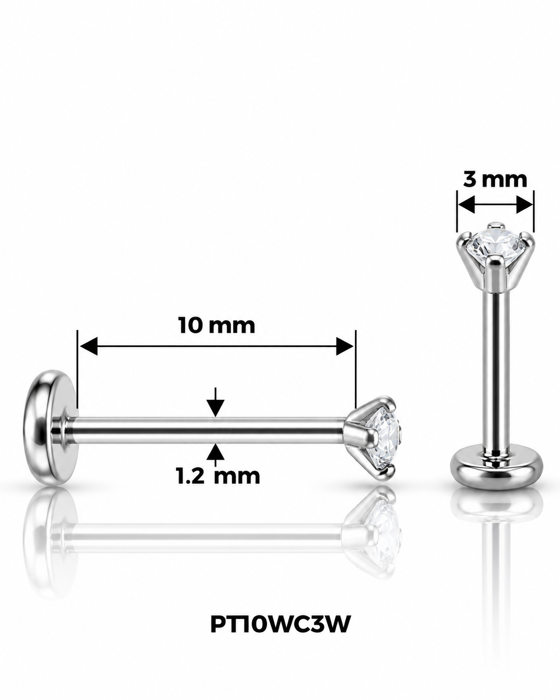 Labret pirsing – sa belim cirkonom 3 mm, srebrni, 10 mm (hirurški čelik)