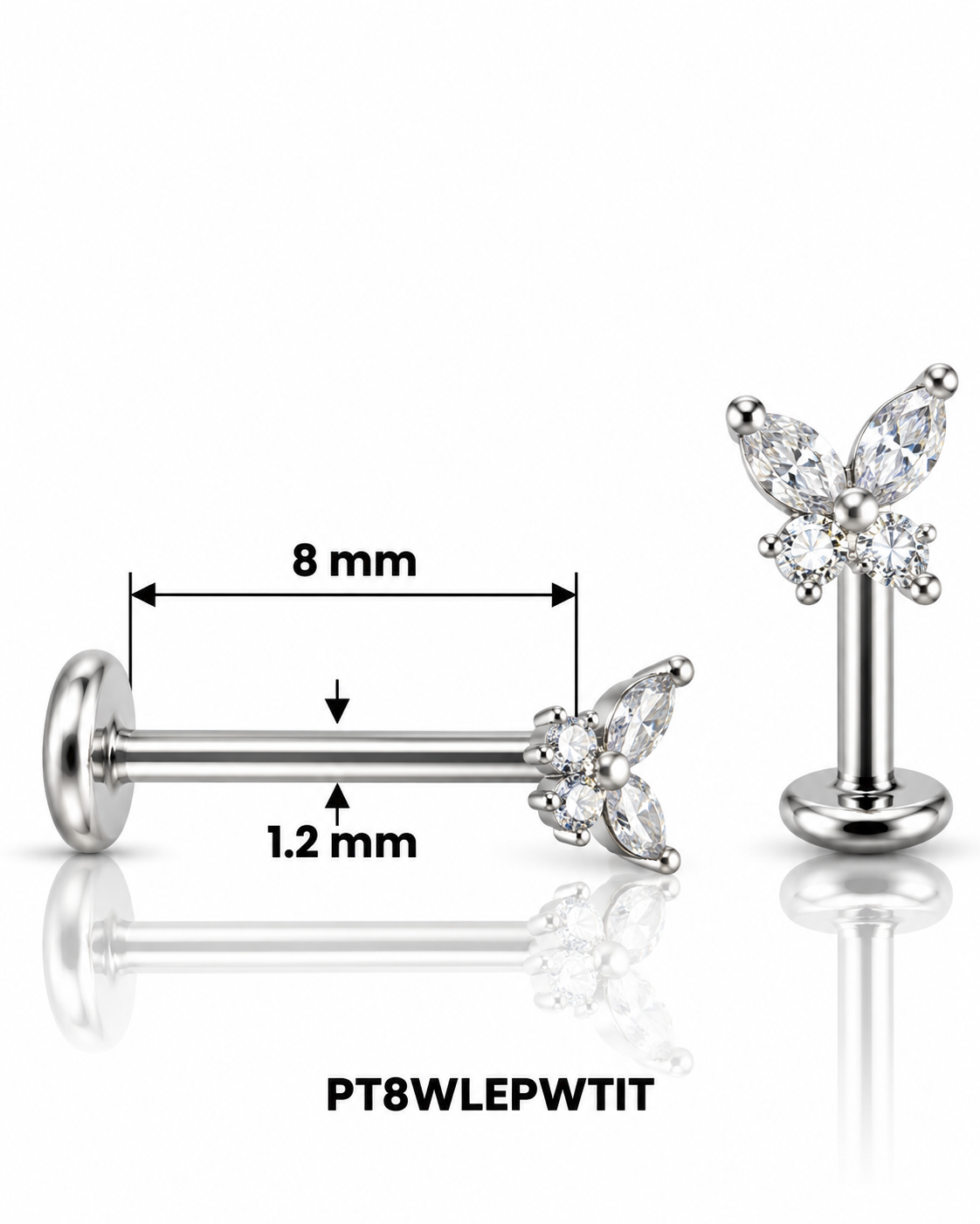 Labret pirsing – sa leptirom od belih cirkona, srebrni, 8 mm (titanijum)