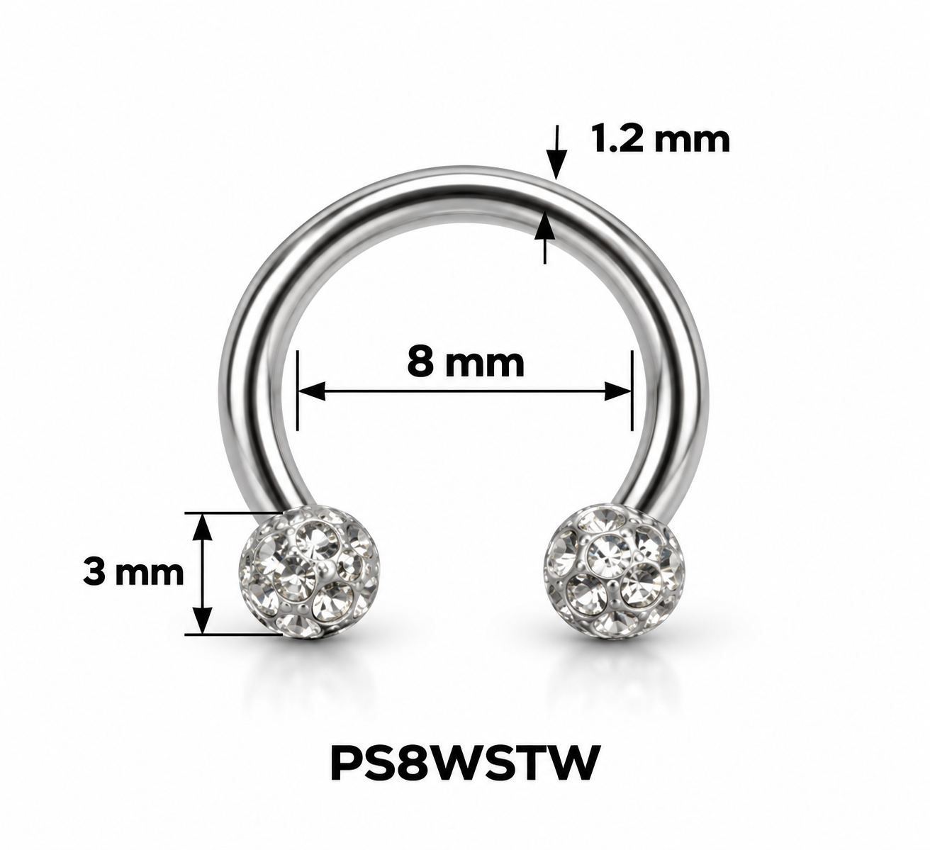 Septum pirsing – potkovica sa belim kamenom, srebrna, 8 mm (hirurški čelik)