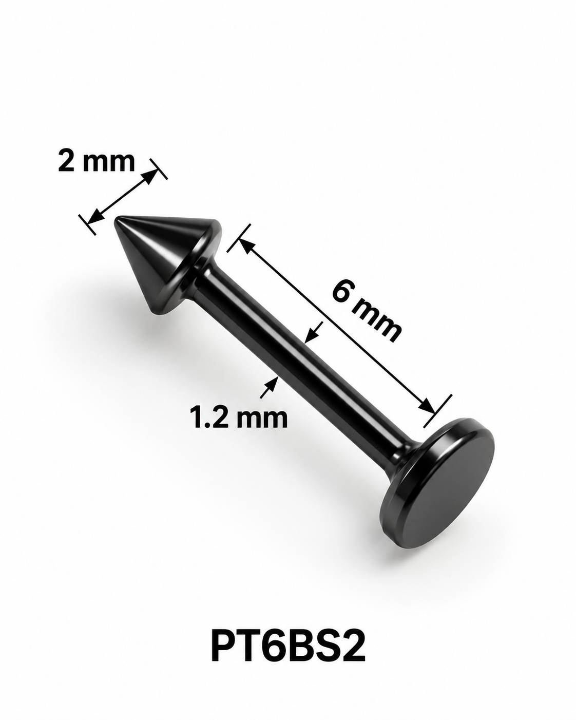 Labret pirsing – sa šiljkom 2 mm, crni, 6 mm (hirurški čelik)