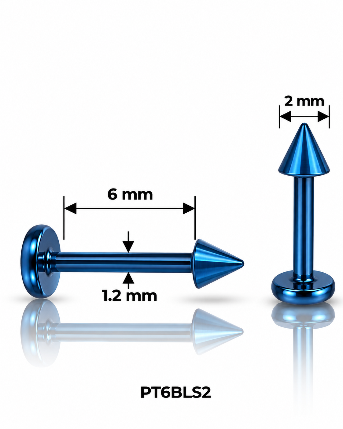 Labret pirsing – sa šiljkom 2 mm, plavi, 6 mm (hirurški čelik)