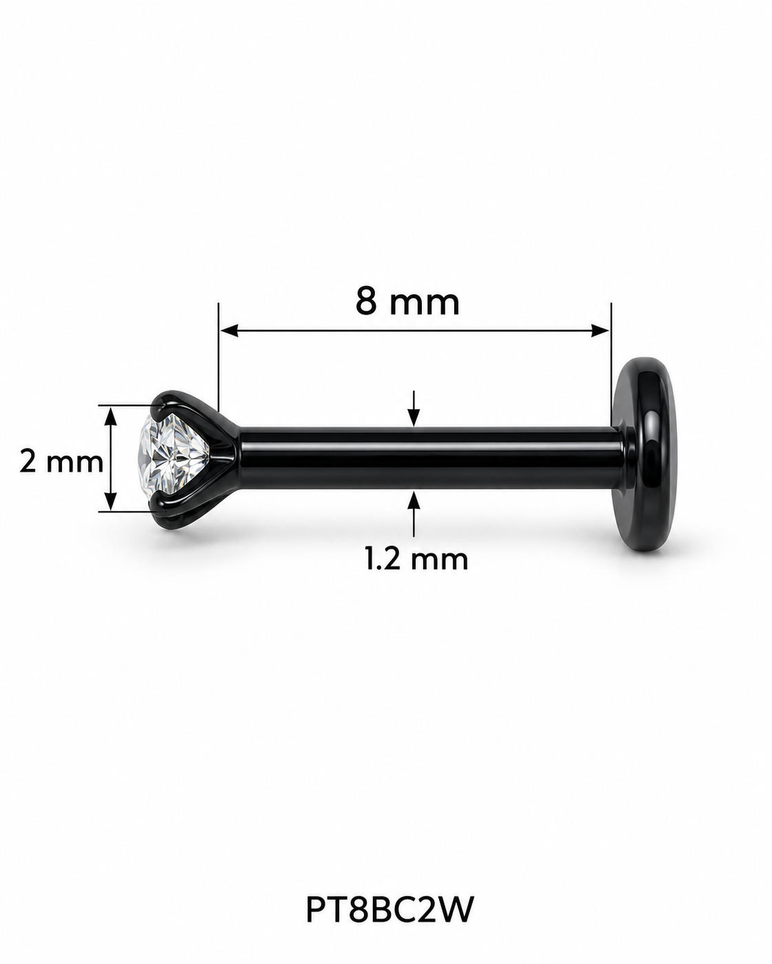 Labret pirsing – sa belim cirkonom 2 mm, crni, 8 mm (hirurški čelik)