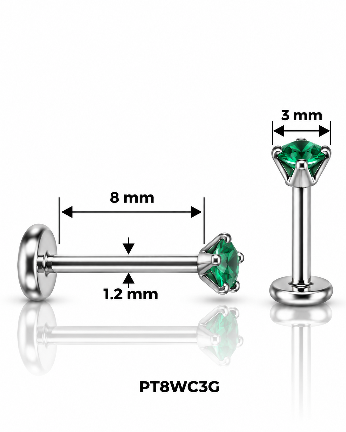Labret pirsing – sa zelenim cirkonom 3 mm, srebrni, 8 mm (hirurški čelik)