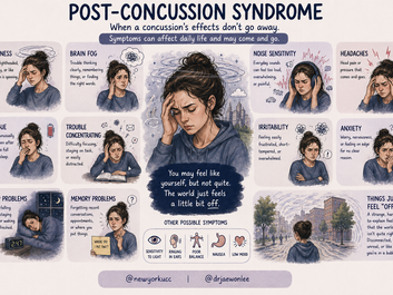 Educational infographic titled “Post-Concussion Syndrome” showing a central illustrated person holding their head, surrounded by symptom panels including dizziness, brain fog, fatigue, trouble concentrating, sleep problems, memory problems, noise sensitivity, headaches, irritability, anxiety, nausea, balance issues, ringing in the ears, light sensitivity, and a feeling that the world is “off.”