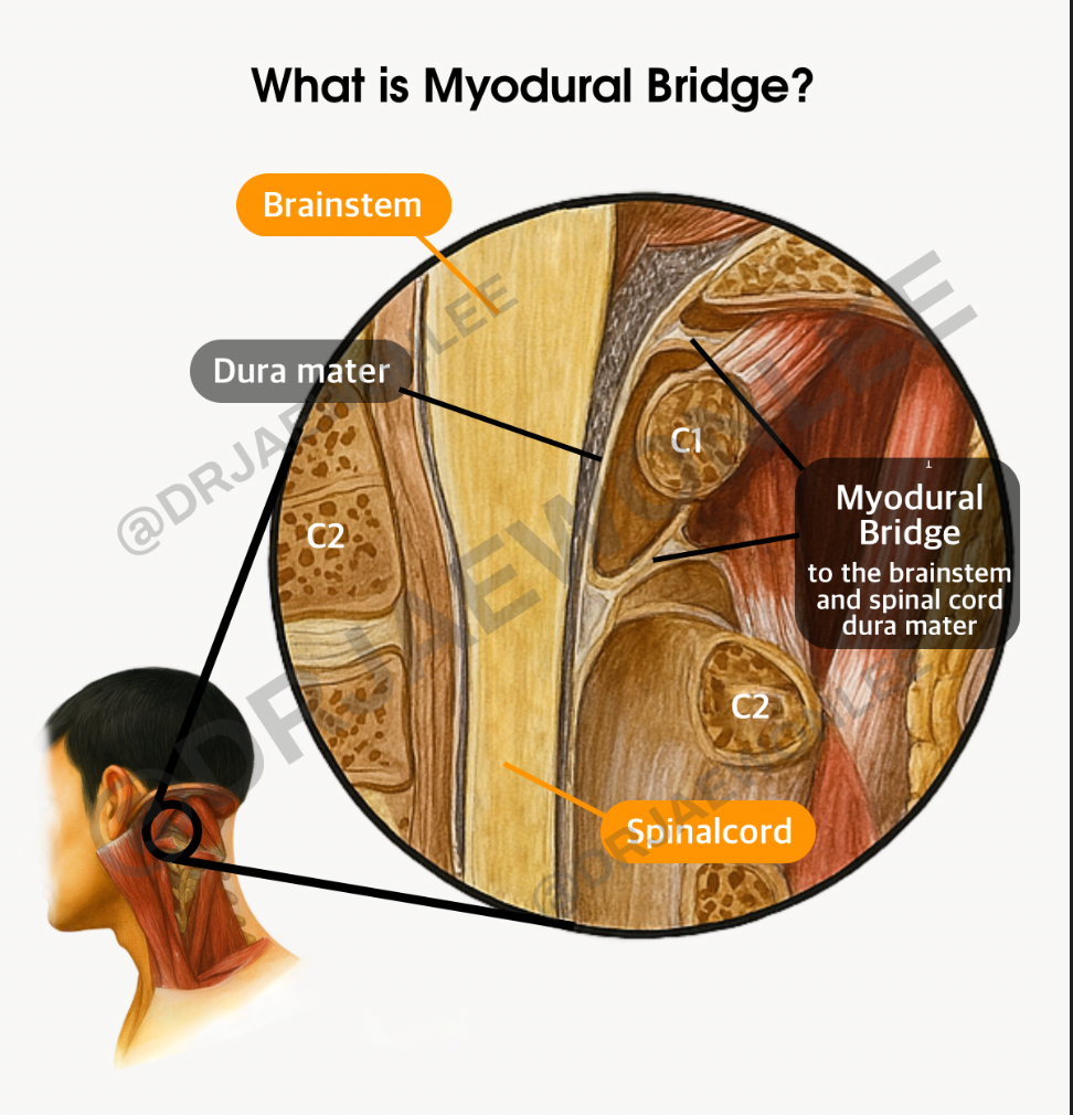 Myodural bridge illustration showing C1–C2 connection between neck muscles, dura mater, brainstem, and spinal cord