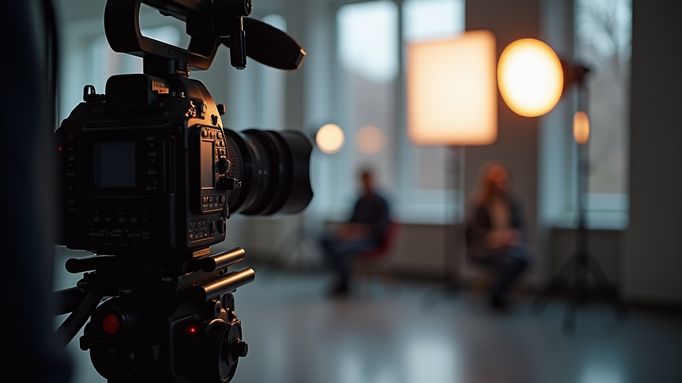Close-up view of professional camera and lighting equipment set up for a corporate photoshoot