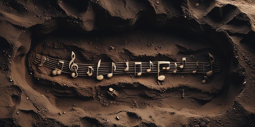 un sol profond sous terre en vue de coupe et les fossiles ce sont des notes de musique mai
