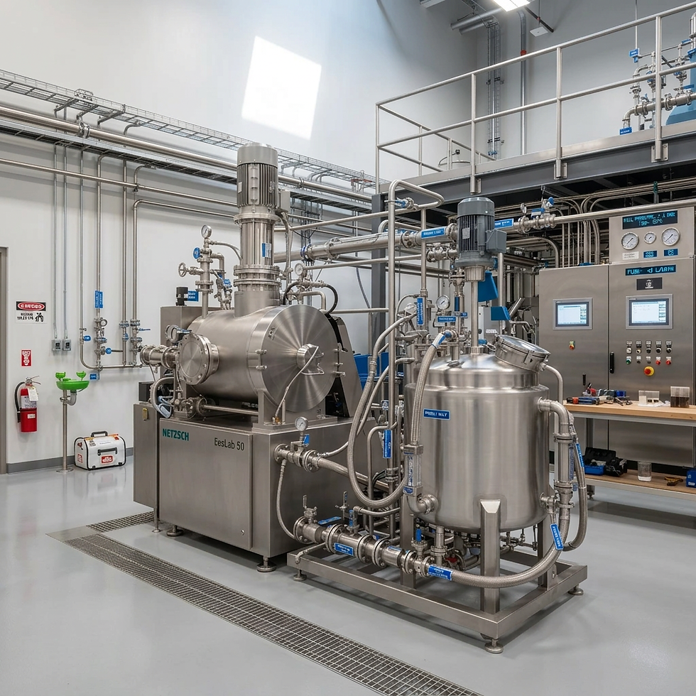 Studio photography of industrial processing machinery. The large stainless steel unit features extensive piping and control panels within a modern, clean facility.