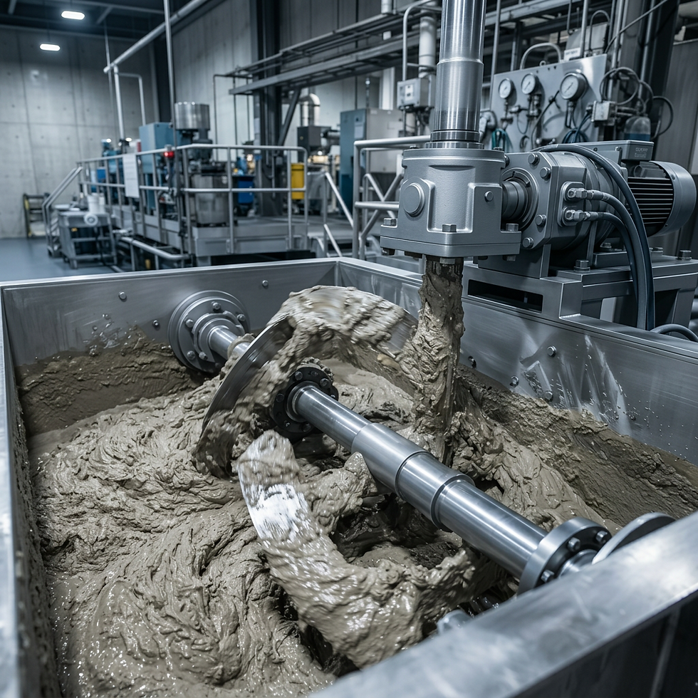 Industrial photography of a large vat mixer churning a dense, clay-like substance. The scene depicts an industrial processing operation with machinery in motion.
