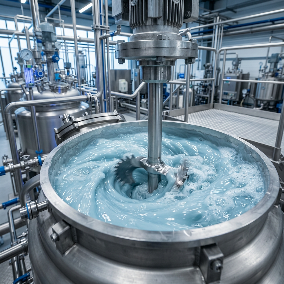 Industrial photography, a large industrial mixer churns a vibrant blue liquid in a stainless steel tank, set within a clean manufacturing facility.