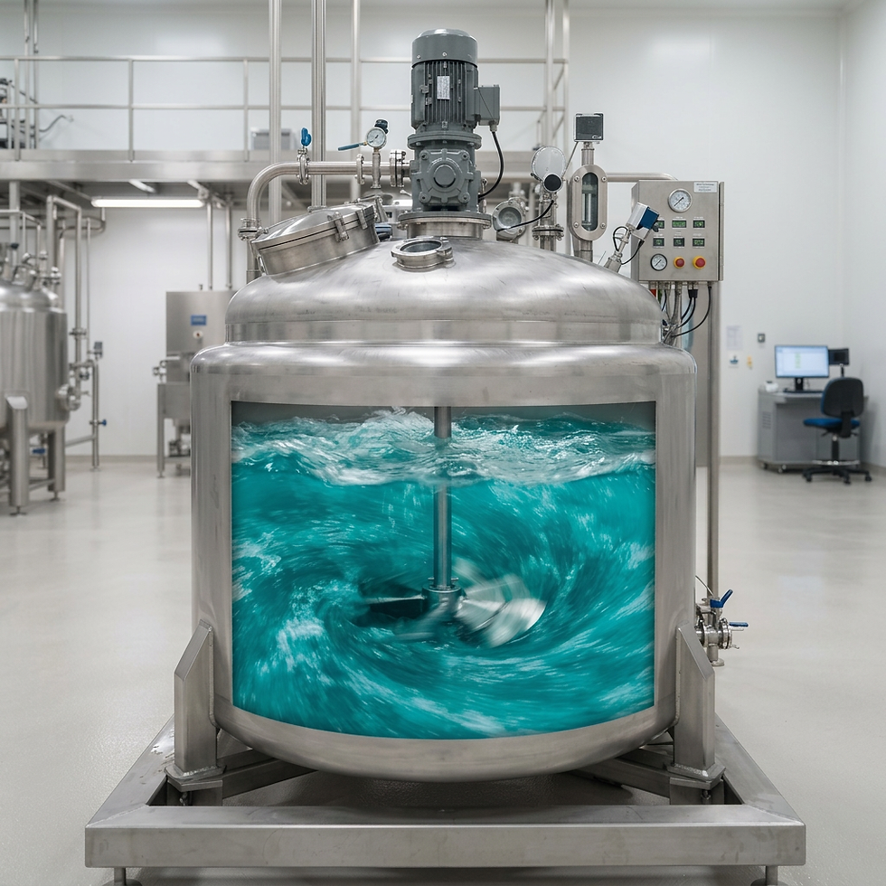 Industrial photography of a large stainless steel mixing tank with a powerful impeller creating a vortex in blue liquid within a sterile, high-tech facility.