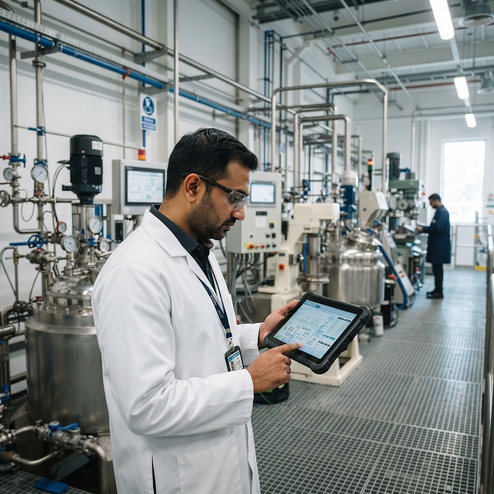 Professional photography of a scientist monitoring industrial equipment with a tablet. The scene depicts a high-tech laboratory focused on precise control.