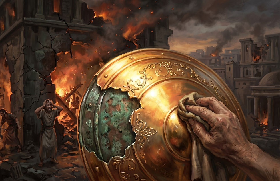 A hand cleaning a shattered bronze shield while the city in the background burns