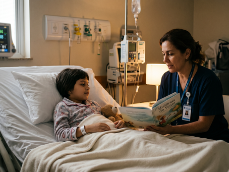 Menina de pijama em uma cama de hospital, abraçando urso. Profissional de saúde lê "Histórias do Vento". Ambiente acolhedor.