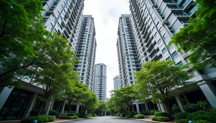 Eye-level view of a modern Singapore condominium complex with lush greenery