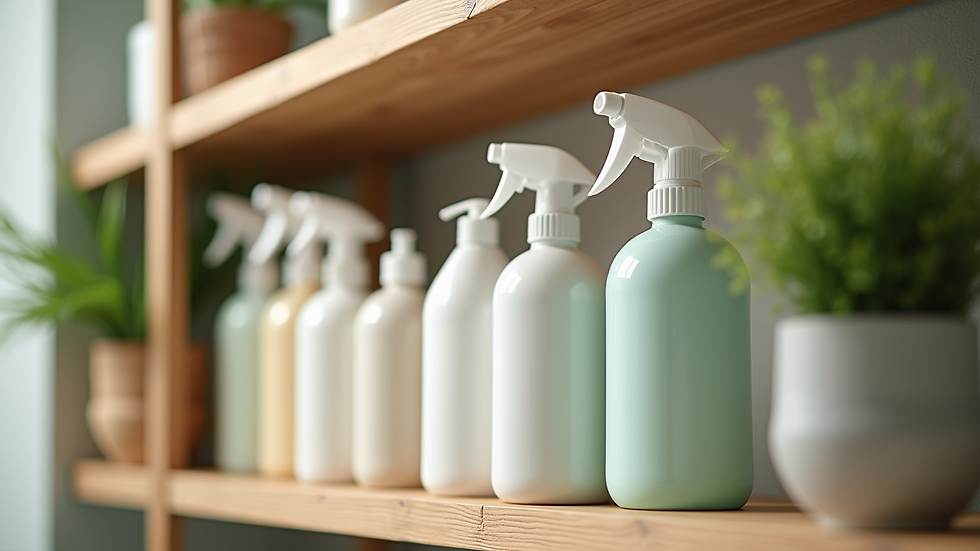 Close-up view of eco-friendly cleaning supplies on a wooden shelf