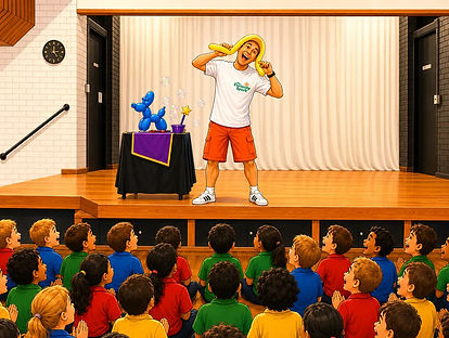 Kids entertainment show with balloon twisting, magic tricks and playful audience participation.
