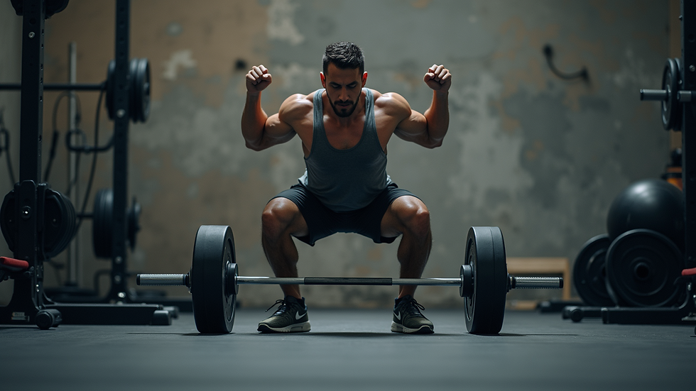Eye-level view of a person performing a squat with weights