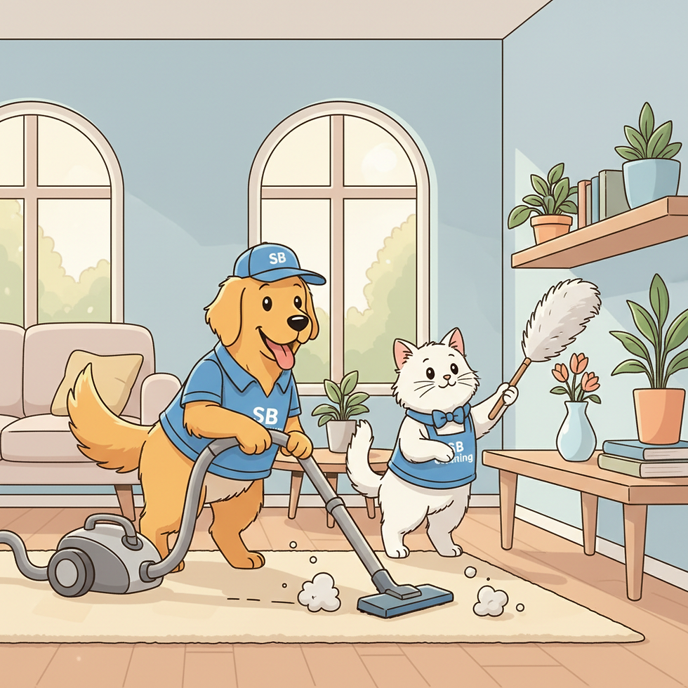 friendly cartoon dog and cat in SB Cleaning uniforms