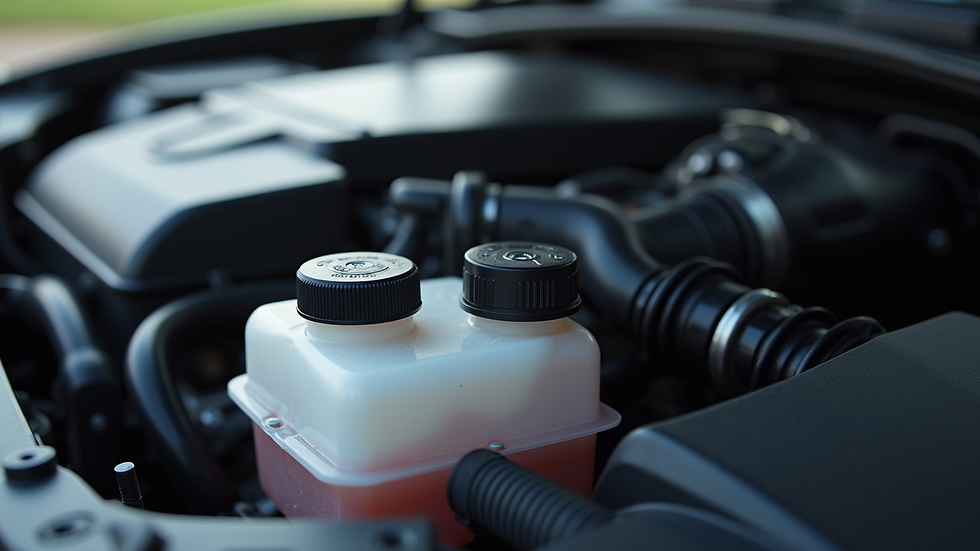 Close-up view of car engine compartment showing fluid reservoirs