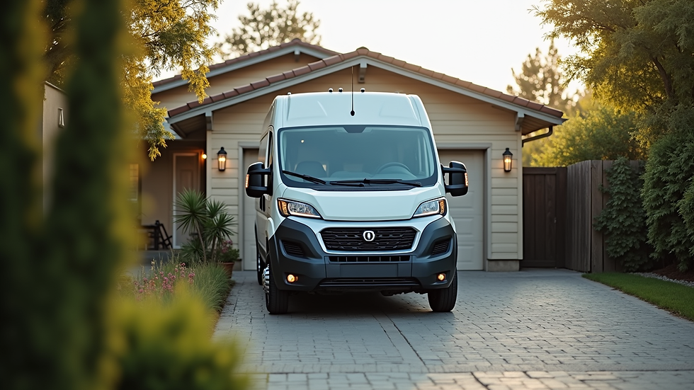 Eye-level view of a mobile car maintenance van parked in a residential driveway