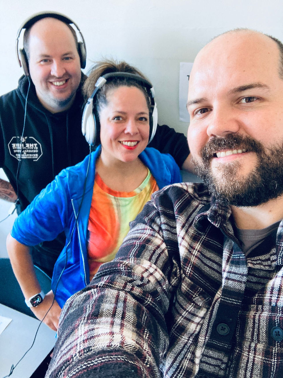 Gareth Wilkins and Steven Sherratt from The Hive by VH Interiors in the Radio Alty studios with Marcella Hazell