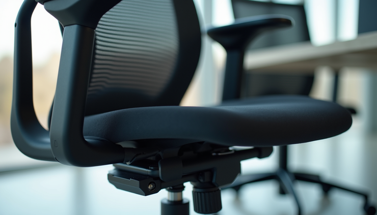 Close-up view of ergonomic chair lumbar support and adjustable seat height controls