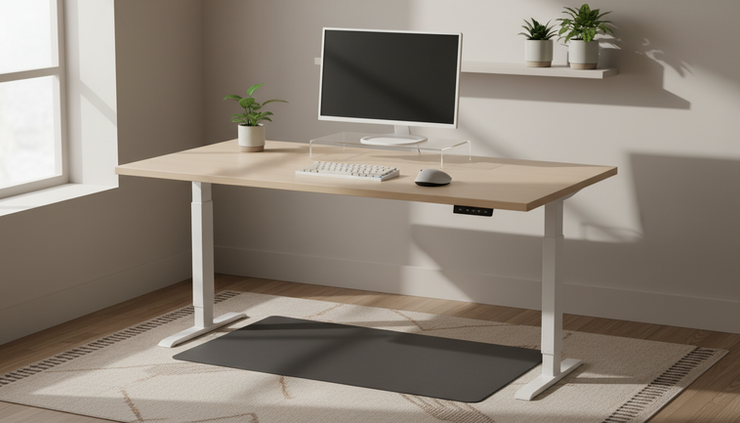 Wide-angle view of a height-adjustable tabletop with a screen riser and foot mat in a calm home study area.