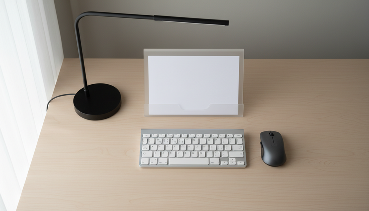 Overhead view of a keyboard, mouse and document holder within easy reach on a plain work surface.