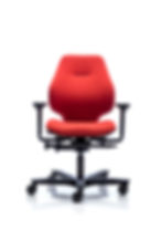 Orangebox Spira Medium Back Chair shown with armrests in red fabric