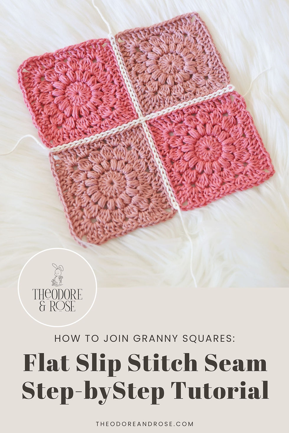 A pink sunburst granny squares joined together using the flat slip stitch seam method