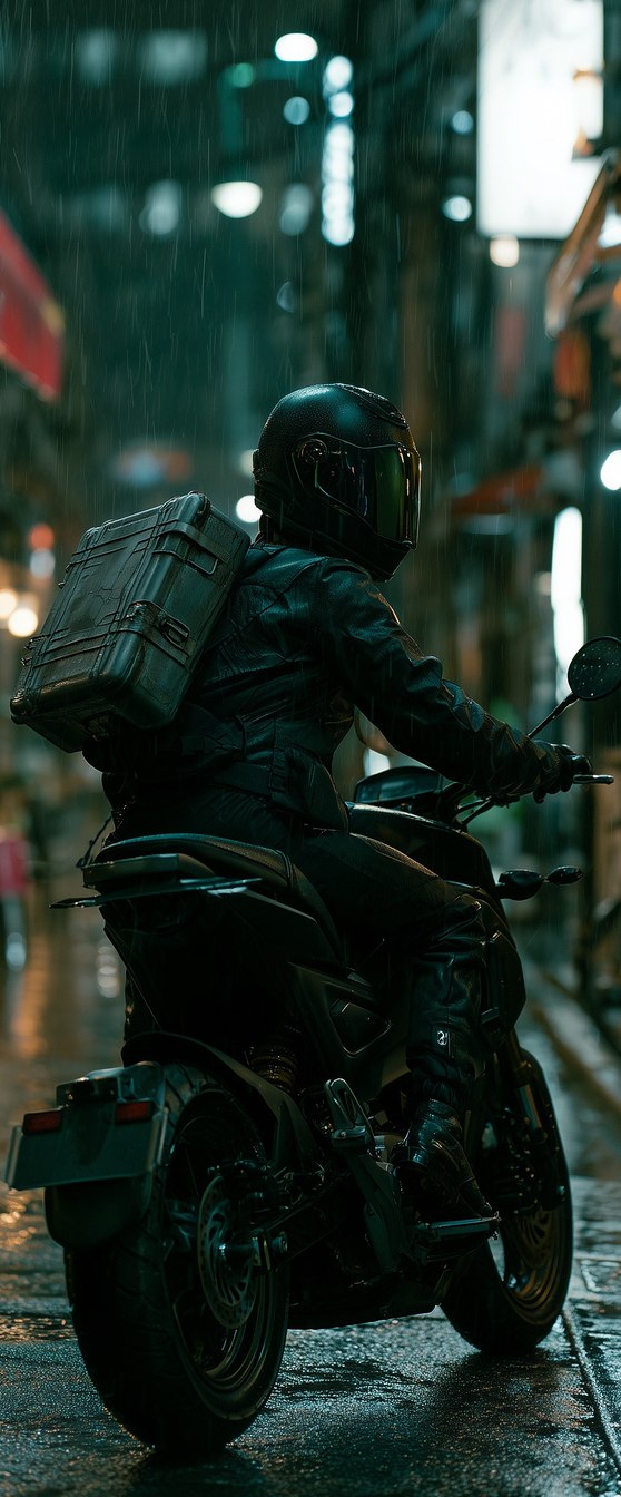 A helmeted rider on a motorcycle in a rain-soaked alley.