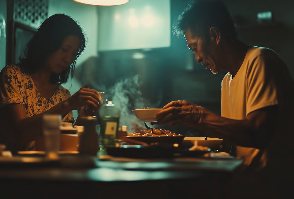 A couple eat dinner under a warm kitchen lamp.