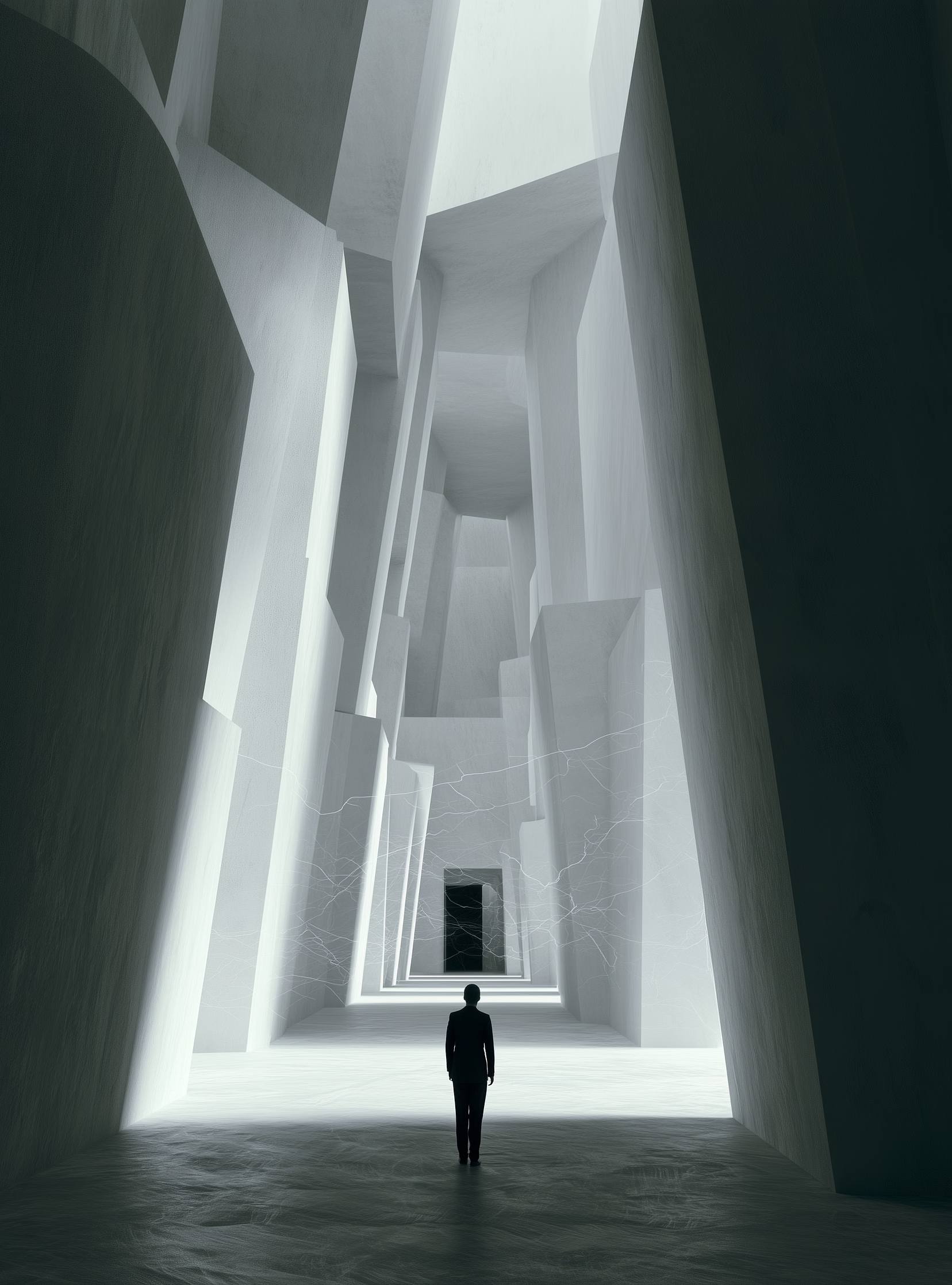 A lone figure stands in a vast white corridor.