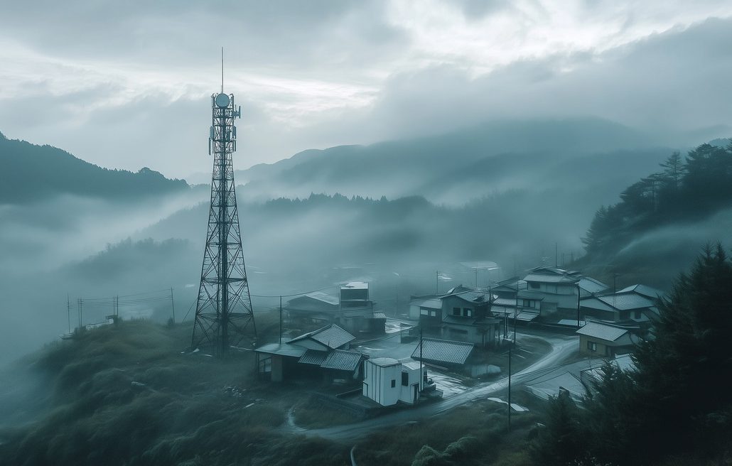 A tower over a fog-covered mountain village.