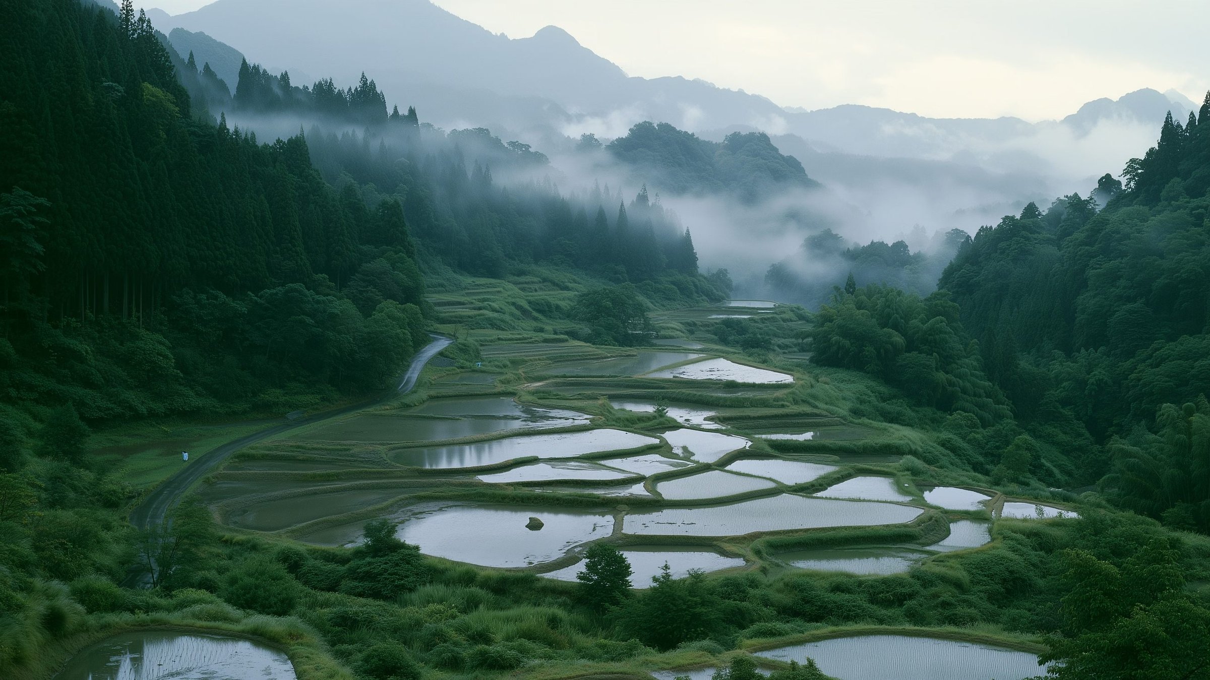 Flooded rice terraces in a misty mountain valley at dusk.